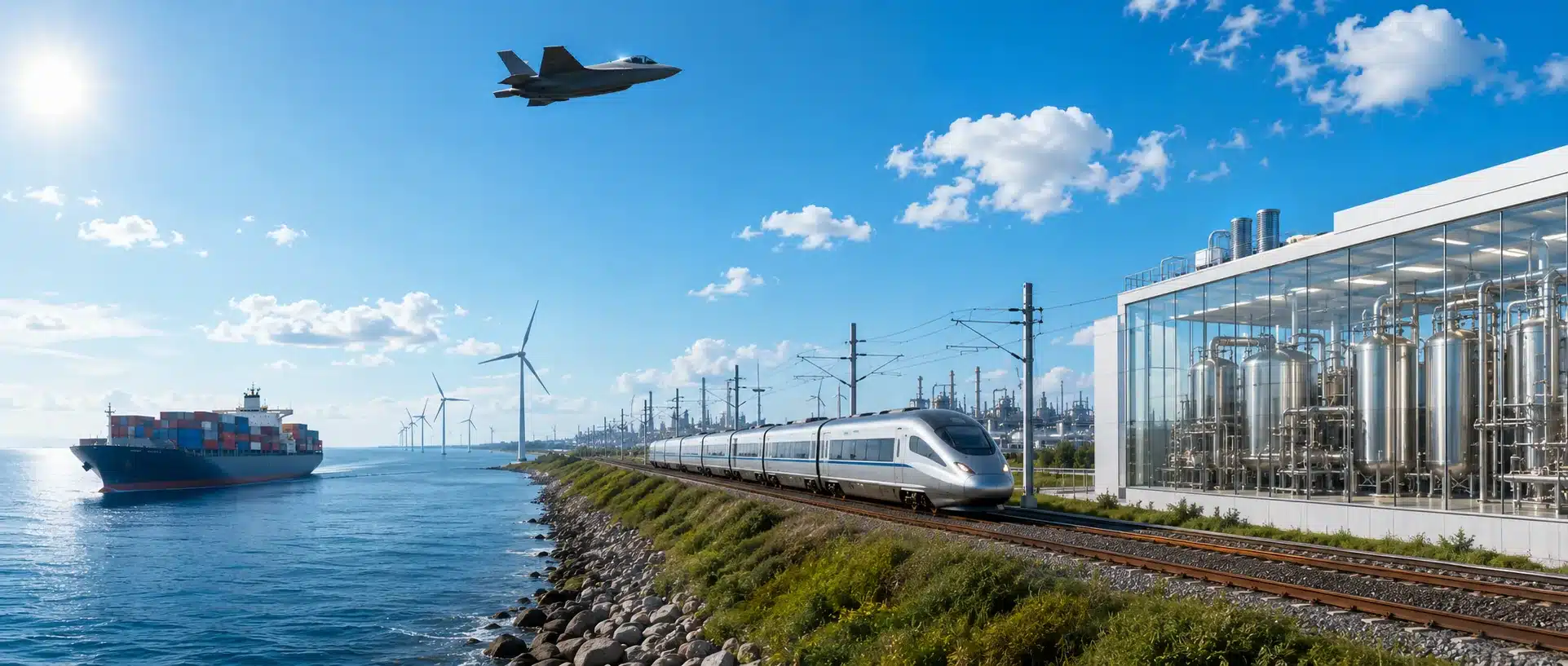 Coastal panorama showing the industries Kjaerulf Pedersen a/s serves: a container ship at sea, offshore wind turbines, a fighter jet overhead, a high-speed train and a life-science production facility with stainless steel bioreactors