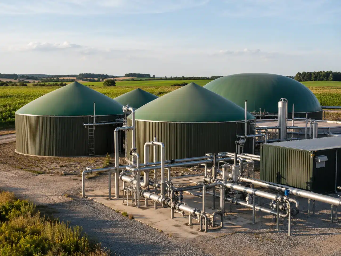 Biogas plant with dome-topped digester tanks