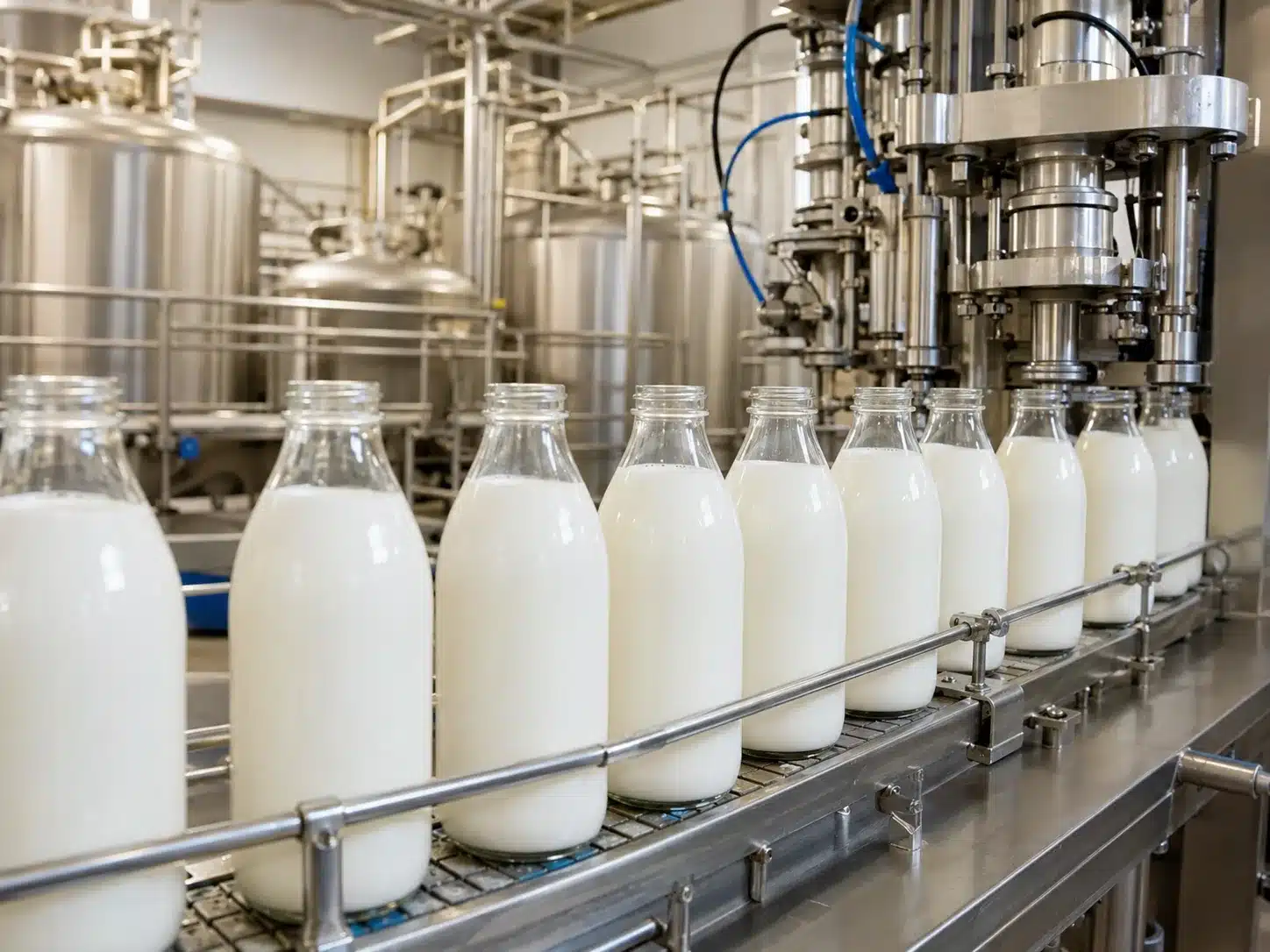 Milk bottling line in a dairy processing plant