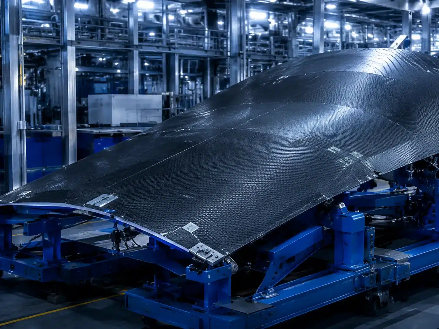 Dark carbon-fibre wing component on a blue assembly fixture in an aerospace production hall