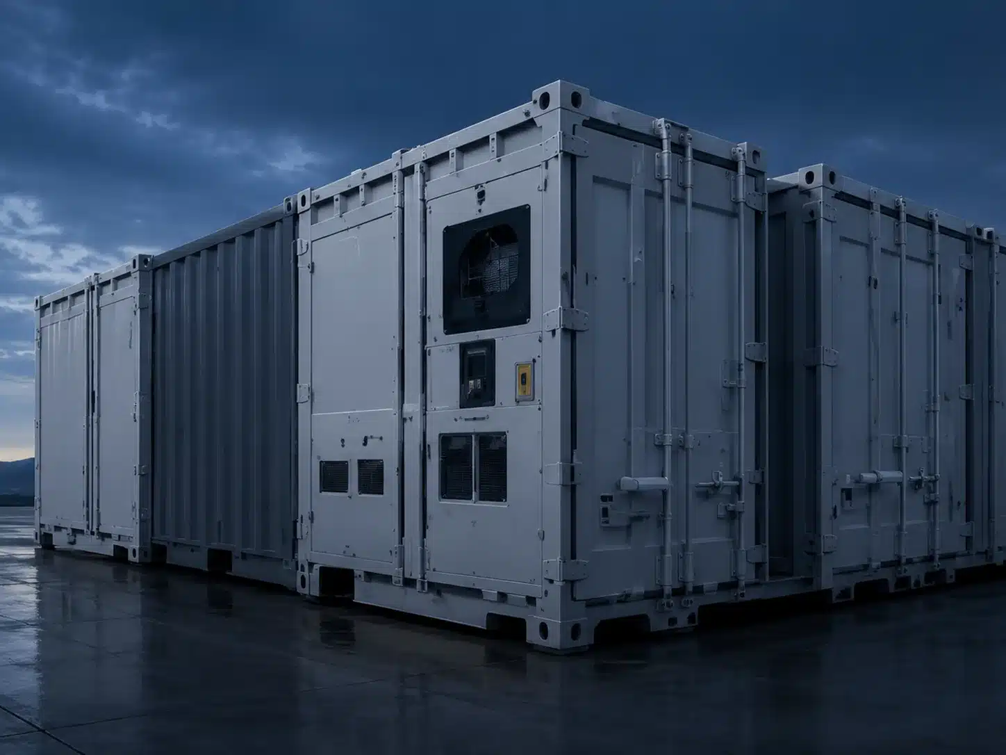 Grey military refrigerated containers with cooling units on a concrete staging area