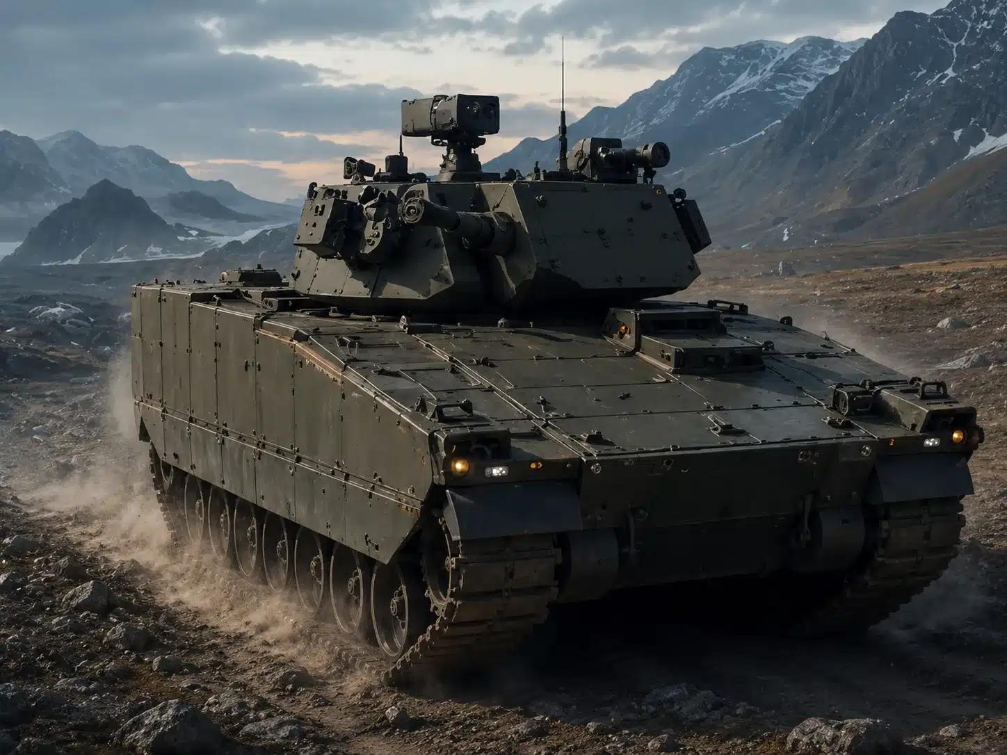 Tracked infantry fighting vehicle with turret and cannon crossing rocky mountain terrain