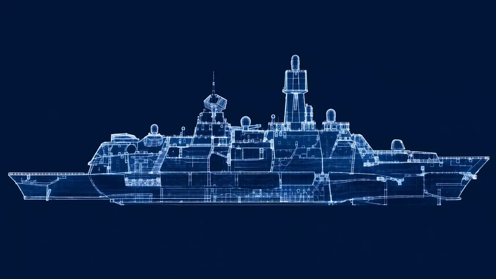 Blueprint-style wireframe of a modern naval frigate in side profile, sailing left to right