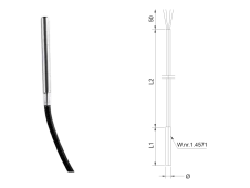 RC1/TC1 cable temperature sensor with a direct cable connection, shown alongside a dimensioned drawing