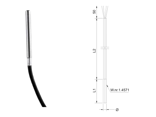 RC1/TC1 cable temperature sensor with a direct cable connection, shown alongside a dimensioned drawing