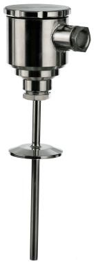 RT-BUI-C hygienic temperature sensor with fixed insert for fast response time. Tri-Clamp, AISI 316L stainless steel, CIP/SIP-compatible, and 4-20mA output.