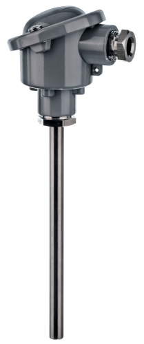 Industrial temperature sensor for pipelines and containers. Supports Pt100/Pt1000 and thermocouples, high-temperature resistance up to 1250°C.