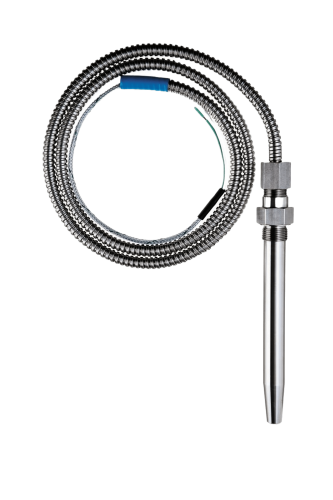 Marine-certified exhaust gas temperature sensor REG2 / TEG2 for 2-stroke diesel engines. Features a solid drilled protective pocket and spring-loaded insert.