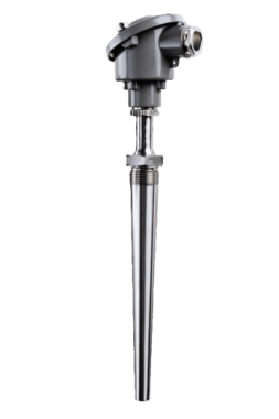 Marine-certified exhaust gas temperature sensor REG3 / TEG3 for 2-stroke diesel engines. Features a solid drilled protective pocket and transmitter-ready connection head.