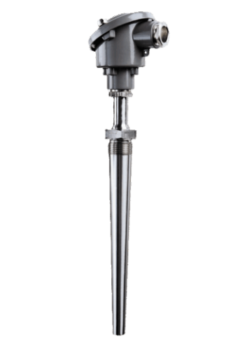 Marine-certified exhaust gas temperature sensor REG3 / TEG3 for 2-stroke diesel engines. Features a solid drilled protective pocket and transmitter-ready connection head.