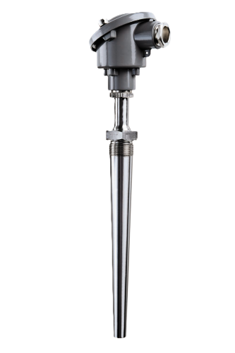 Marine-certified exhaust gas temperature sensor REG3 / TEG3 for 2-stroke diesel engines. Features a solid drilled protective pocket and transmitter-ready connection head.