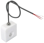 Quick Connect clamp-on temperature sensor with cable, mounted in a clamping block for pipe surface measurement