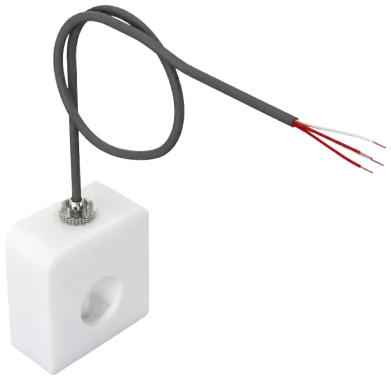 Quick Connect clamp-on temperature sensor with cable, mounted in a clamping block for pipe surface measurement