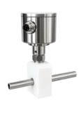 Quick Connect clamp-on temperature sensor with stainless steel protection head and M12 plug, mounted in a clamping block on a pipe
