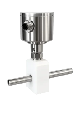 Quick Connect clamp-on temperature sensor with stainless steel protection head and M12 plug, mounted in a clamping block on a pipe