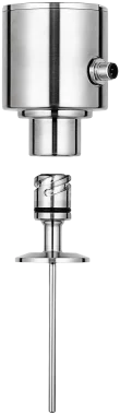 Quick Connect temperature sensor RT-BCQ shown as exploded view – sensor head with M12 plug above the clamp thermowell with bayonet coupling