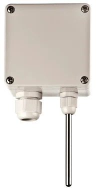Type RR1-P room temperature sensor with a wall-mounted ABS plastic housing and stainless steel protection tube