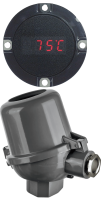 Temperature sensor connection head with integrated 4–20 mA digital display for local signal indication and on-site verification of transmitter outputs.