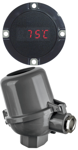 Temperature sensor connection head with integrated 4–20 mA digital display for local signal indication and on-site verification of transmitter outputs.
