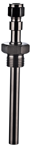 MA-PW2 threaded thermowell with compression fitting and customizable extension length, providing safe heat-distance for sensors, cables, or electronics.