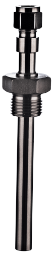 MA-PW2 threaded thermowell with compression fitting and customizable extension length, providing safe heat-distance for sensors, cables, or electronics.