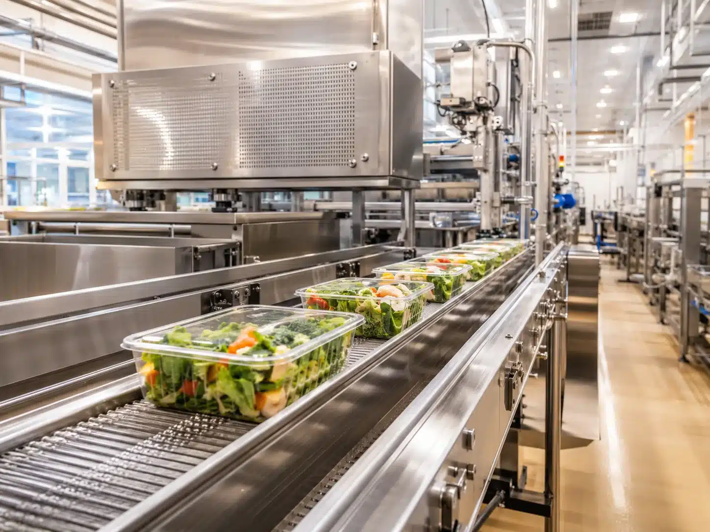 Stainless steel food processing and packaging line