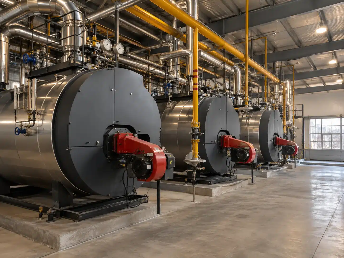 Row of industrial steam boilers with burner fronts in a boiler house