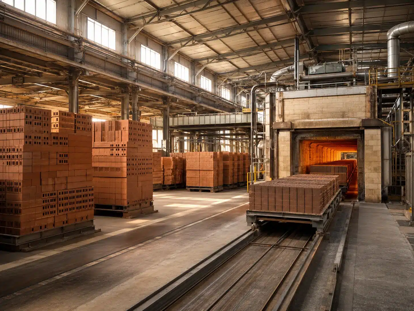 Stacked clay bricks and a tunnel kiln in a brickworks