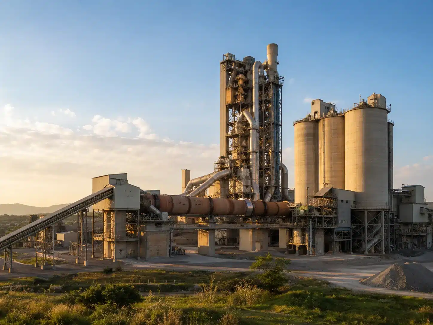 Cement plant with rotary kiln, preheater tower and storage silos