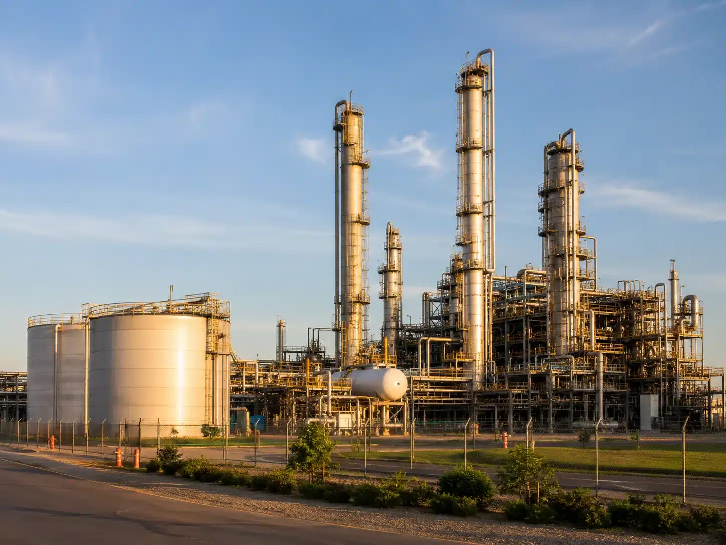Chemical process plant with distillation columns and storage tanks