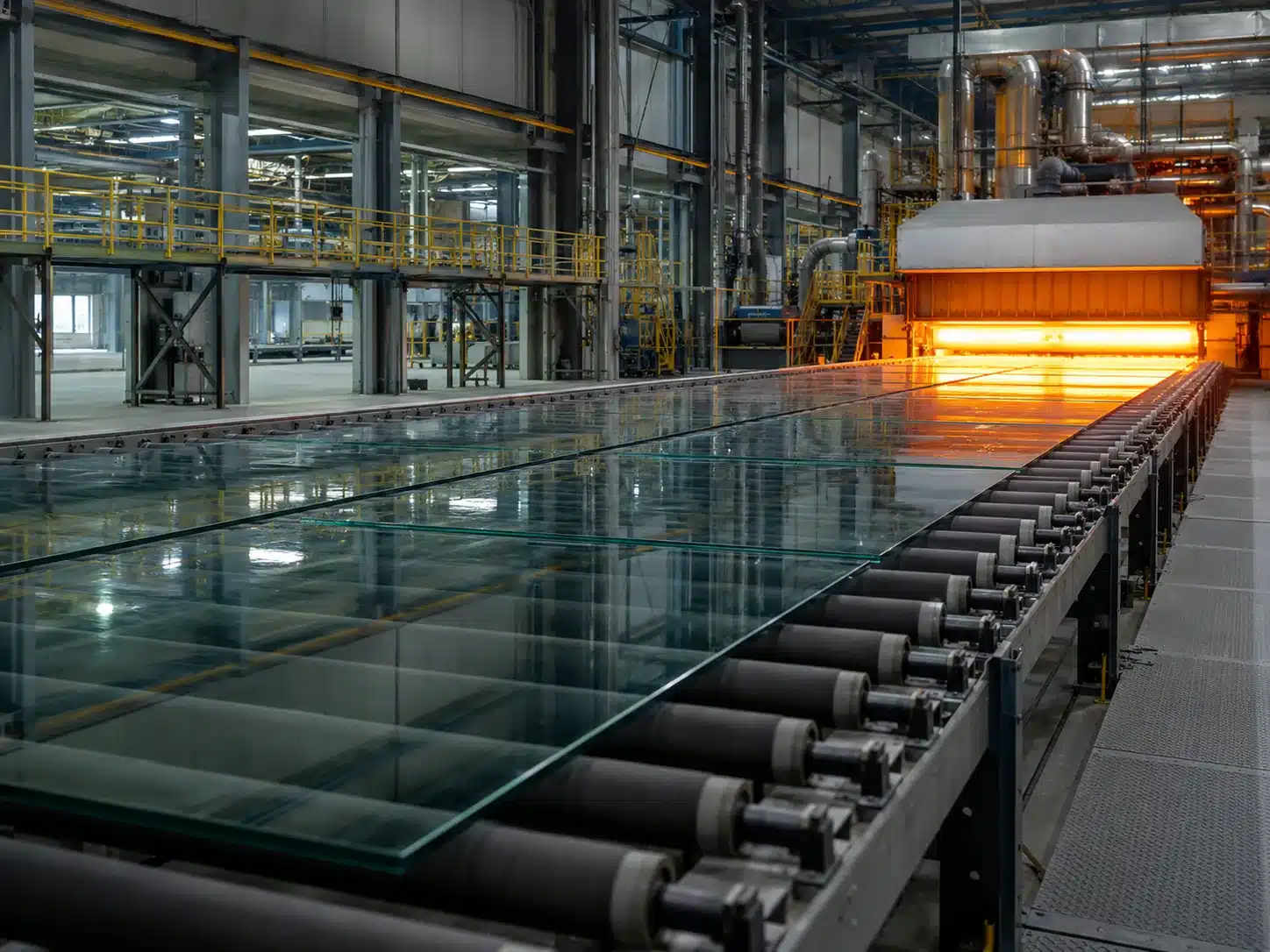 Flat-glass production line with a glowing furnace section
