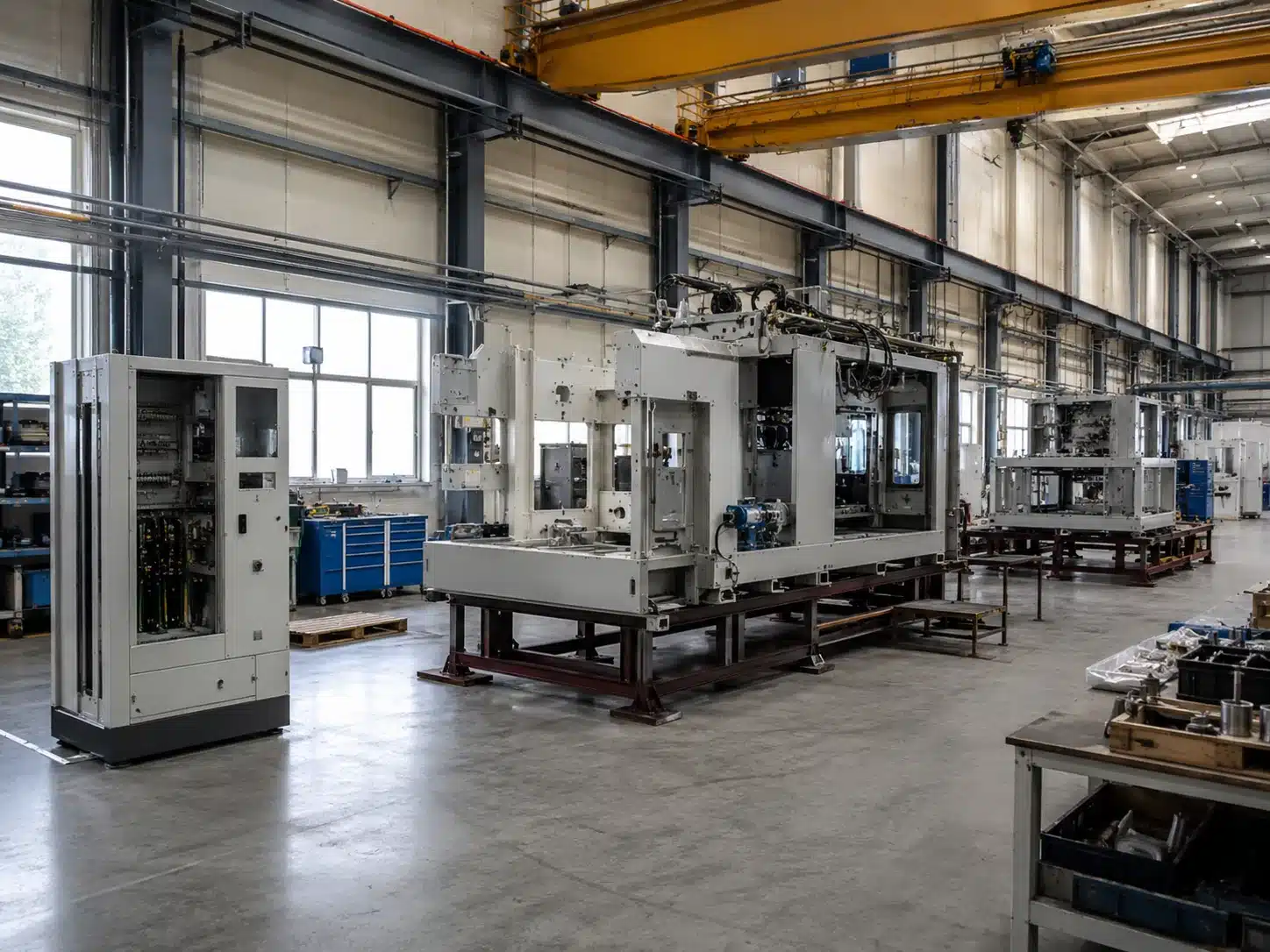 Machine-building assembly hall with partially-assembled industrial machines