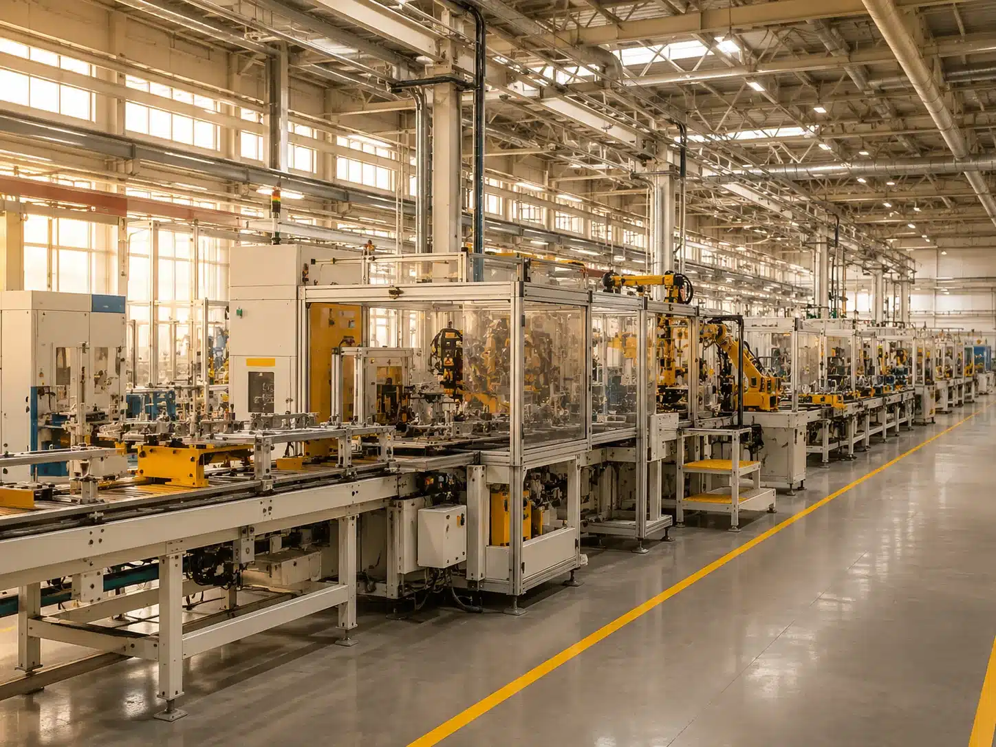 Automated production and assembly line on a manufacturing factory floor