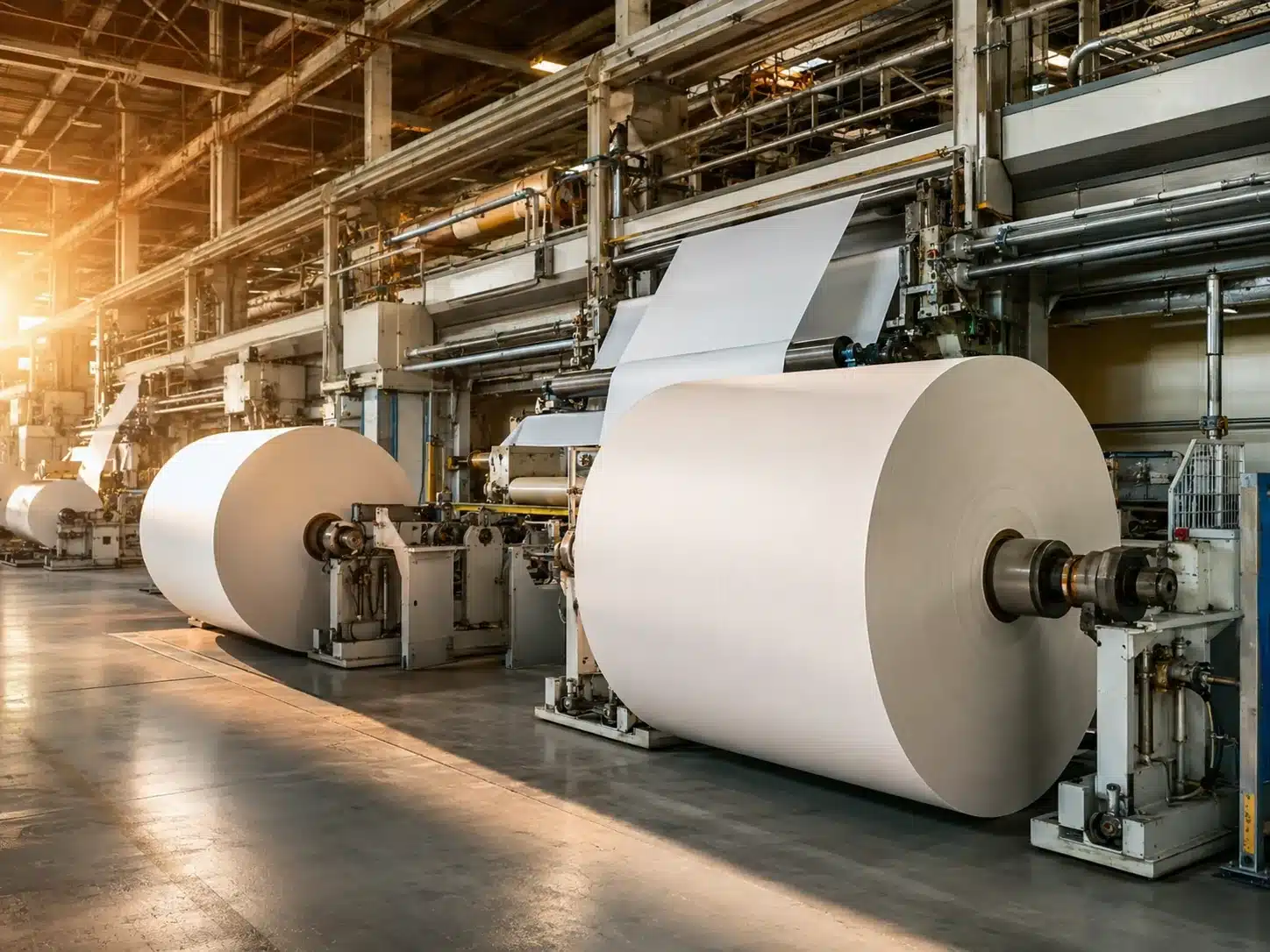 Large paper reels on a production line in a paper mill