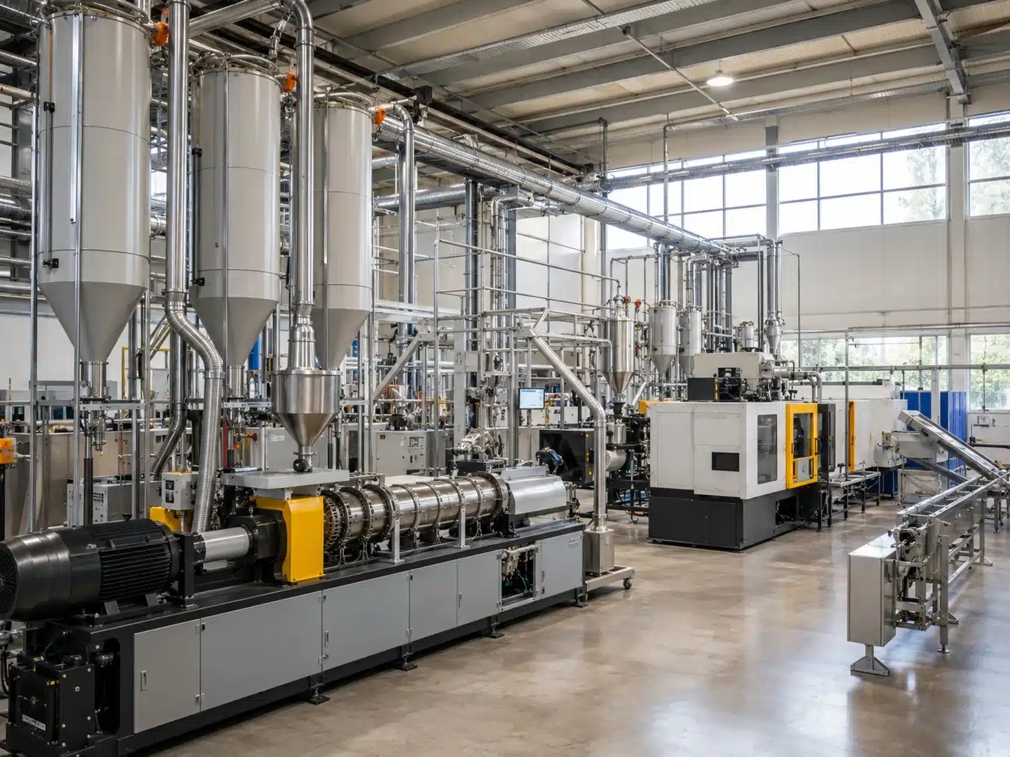 Plastics production line with pellet silos and extrusion machinery