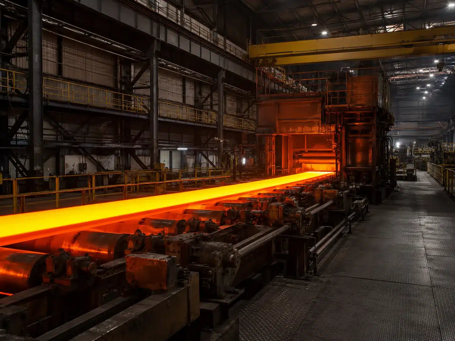 Glowing hot steel strip on rollers in a steel rolling mill