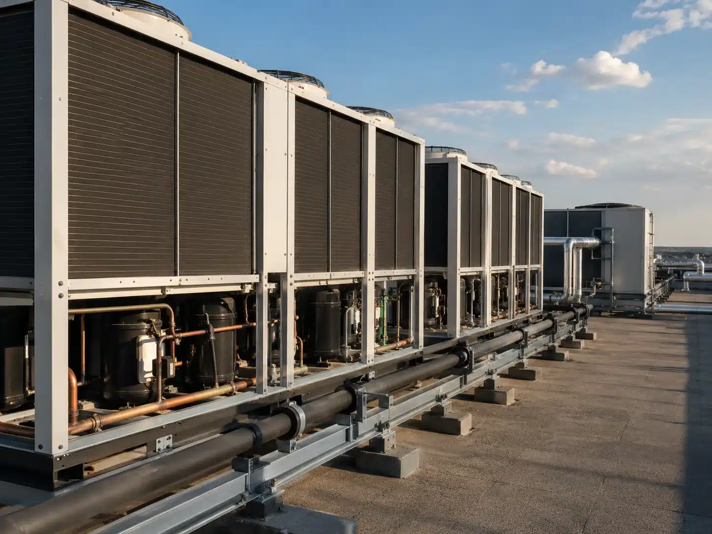 Rooftop air-conditioning condenser and chiller units with finned coils