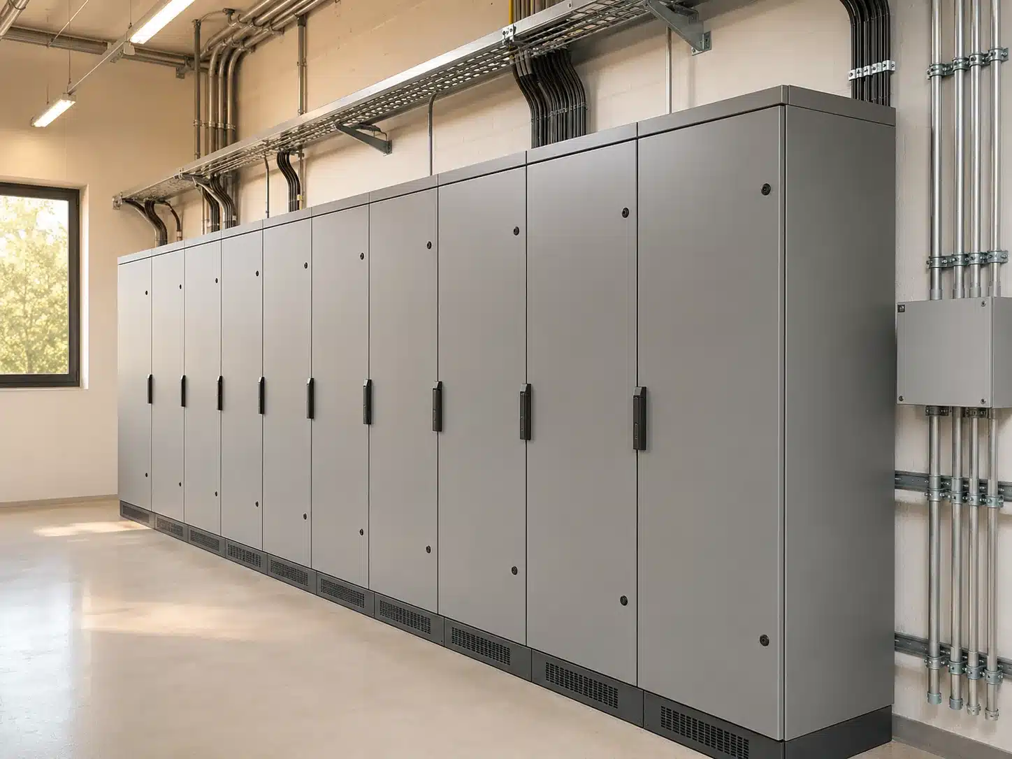 Electrical control cabinets in a building management system technical room