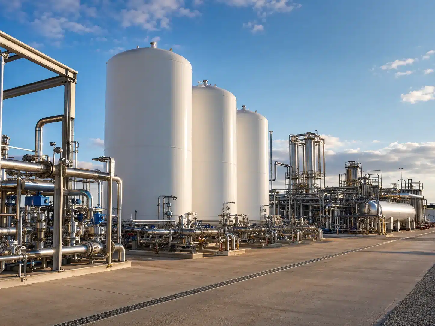 White hydrogen storage tanks with stainless piping