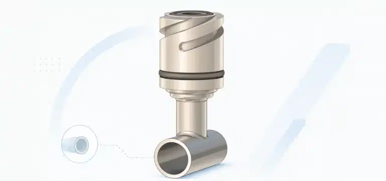 Illustration of KP's in-line thermowell: a sensor pocket welded into a short stainless pipe section, with a Quick Connect bayonet coupling on top that receives an interchangeable measuring insert