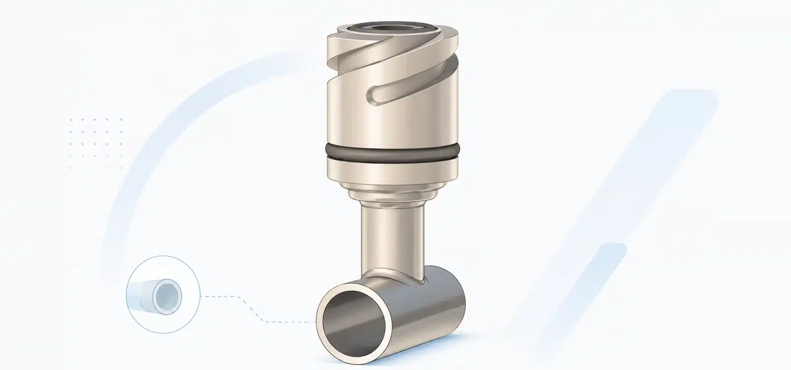 Illustration of KP's in-line thermowell: a sensor pocket welded into a short stainless pipe section, with a Quick Connect bayonet coupling on top that receives an interchangeable measuring insert