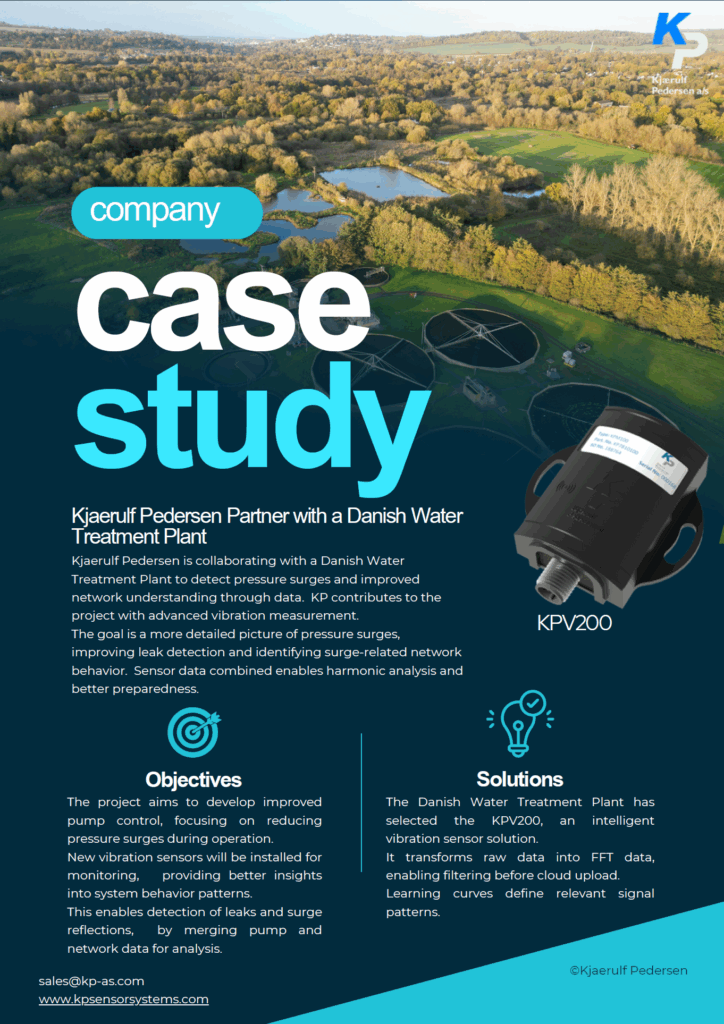 Front page of the KPV200 vibration sensor case study at a Danish water treatment plant