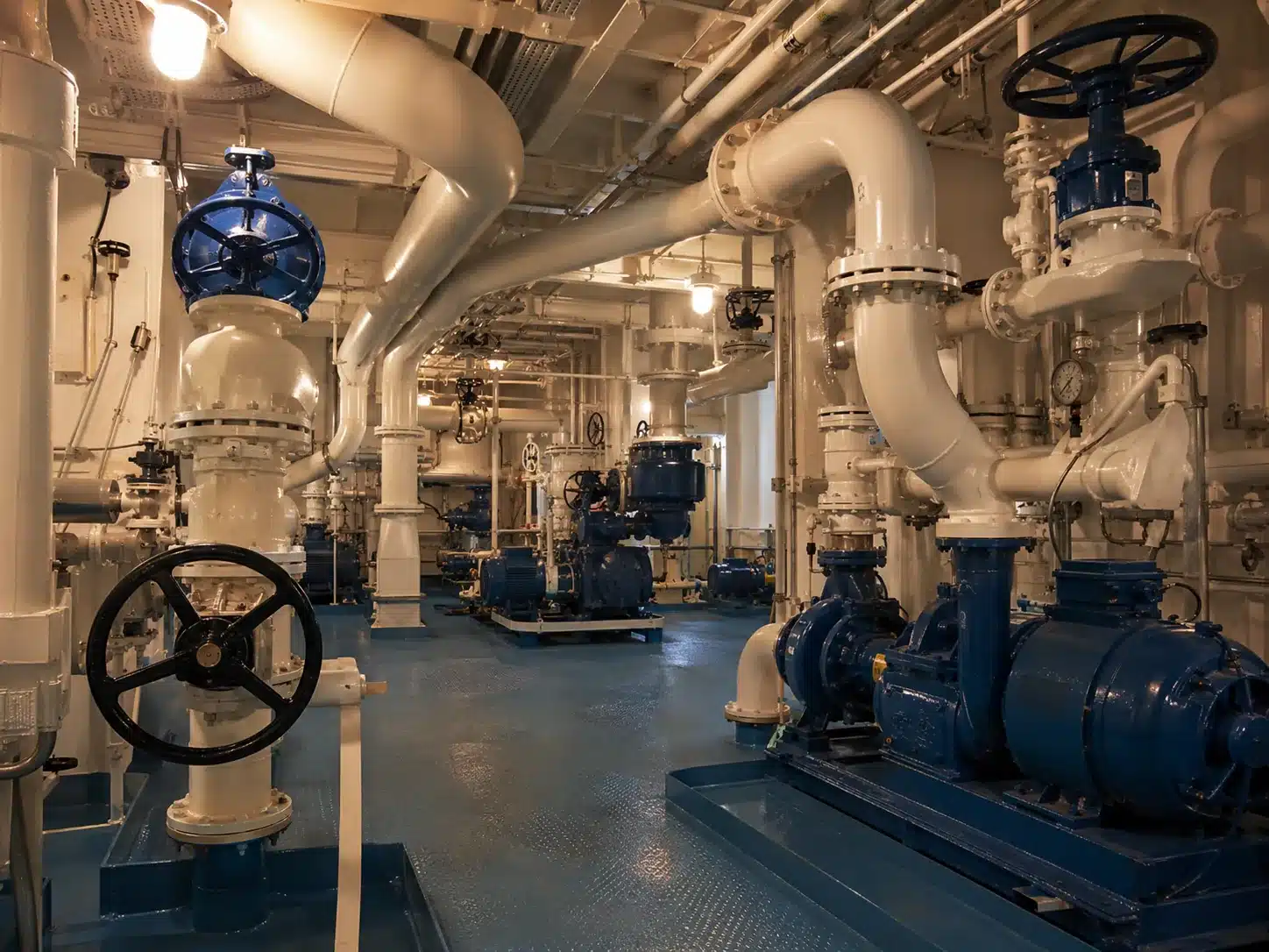 Ballast water pump room on a ship with large painted pipes, valves and blue pumps in warm work lighting