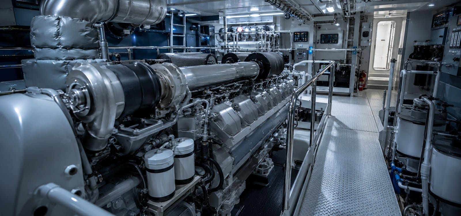 Marine engine room with a large diesel main engine and walkways, where multipoint temperature monitoring helps catch hot spots and airflow problems early
