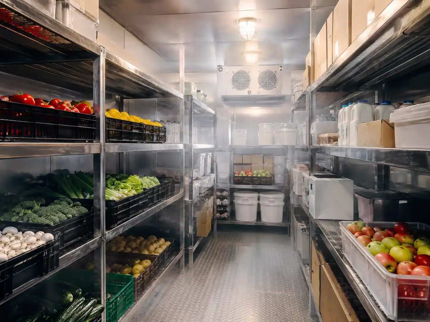 Ship provision cold store with stainless steel shelving, fresh provisions and light frost haze