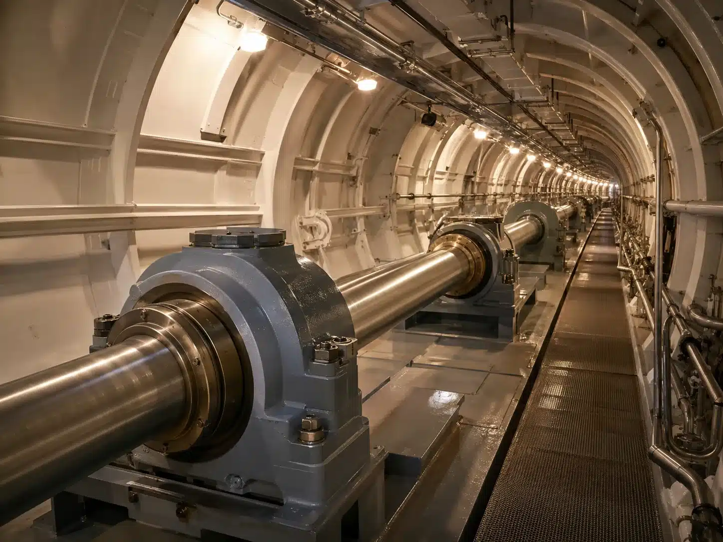 Propeller shaft line with bearing housings running through a ship's shaft tunnel toward the stern