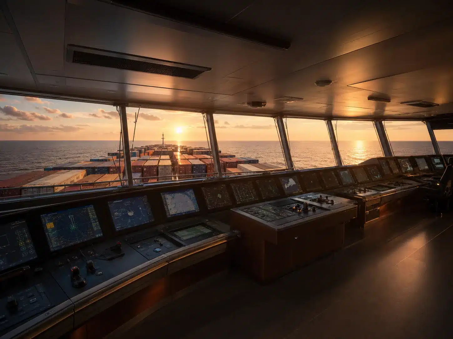 View from a container ship&rsquo;s bridge at sunset &mdash; navigation and radar consoles in the foreground, container bays stretching ahead