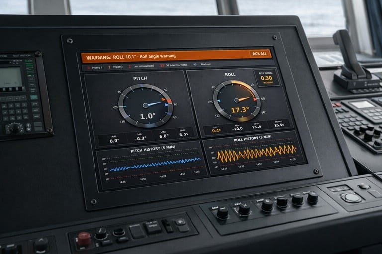 MDU bridge display showing pitch and roll readings with active roll angle warning