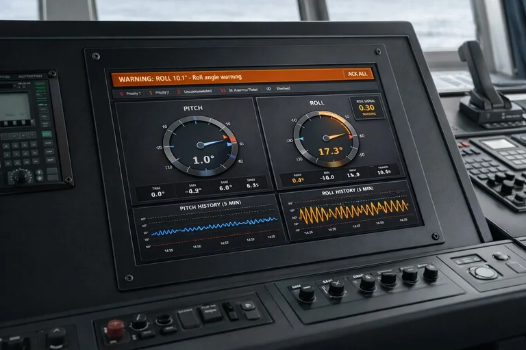 MDU bridge display showing real-time list, trim, pitch and roll on an oil tanker
