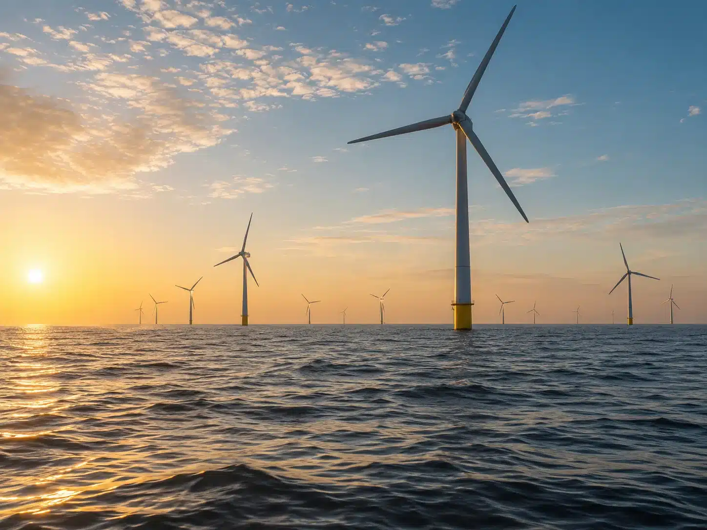 Offshore wind turbines standing in the open sea at golden morning light